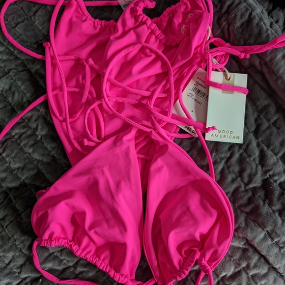 NWT Good American Neon Pink Tiny Ties Triangle Top String Bikini Sz 4/XL/12-14 - Picture 10 of 13